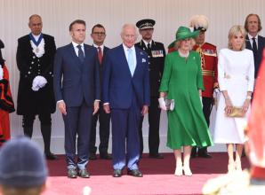 King Charles III greets Emmanuel Macron in Windsor at start of France state visit