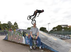 Campaigner and skateboarder Tom Wright, with BMXer Jacob Palmer on the bike, at Kidwells Skatepark.