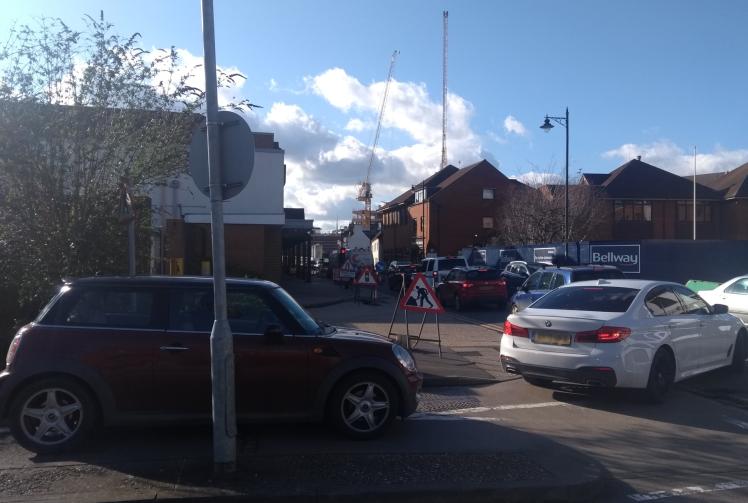 Cars backed up to the Waitrose car park due to roadworks Maidenhead
