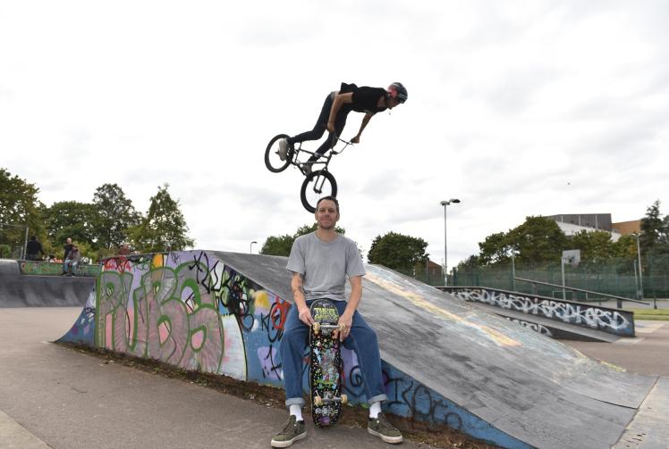 Campaigner and skateboarder Tom Wright, with BMXer Jacob Palmer on the bike, at Kidwells Skatepark.